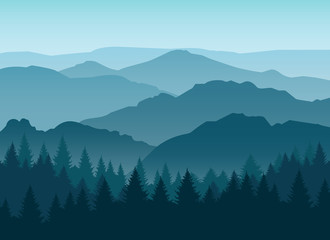 Vector misty or smokey blue mountain silhouettes background. Morning layered mountains with mist