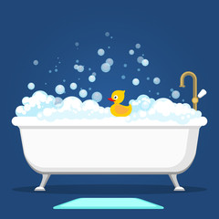 Bathtub vector illustration. Relax bathroom interior with vintage bath and soap foam bubbles