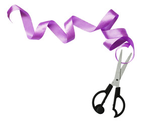 Wall Mural - Curled violet silk ribbon and scissors