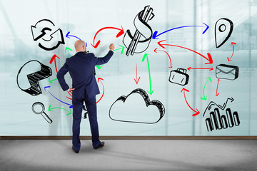 Poster - businessman in front of a wall writing on a business reminder interface application - technology con