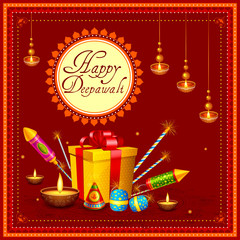 Wall Mural - Colorful fire cracker with decorated diya for Happy Diwali festival holiday celebration of India greeting background