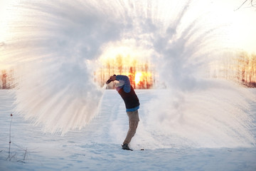 frost effect hot water freezes man pours boiling water