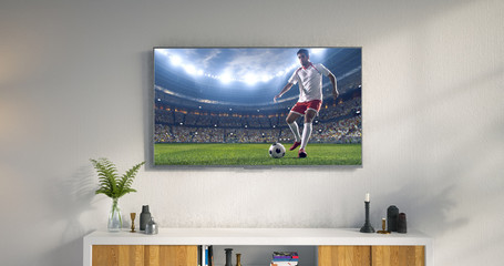 Wall Mural - 3D illustration of a living room led tv on white wall showing soccer game moment .