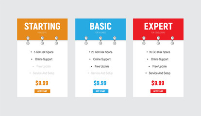 Poster - design of vector price tables with a color header and a flipchart on the metalic rings