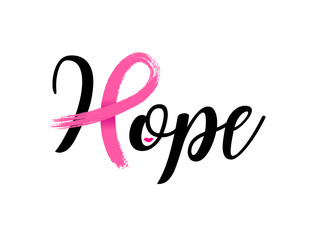 Wall Mural - Hope lettering design with Pink ribbon, Brush style for poster, banner and t-shirt. Breast cancer awareness concept. Illustration isolated on white background.