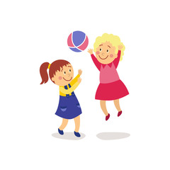 vector flat cartoon girls kids having fun playing with inflatable rubber colorful ball smiling. Children activity in a yard concept. Isolated illustration on a white background.