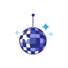 Vector Flat Cartoon Style Blue Shiny Glossy Disco Ball Sparcling With Stars. Isolated Illustration On A White Background. Party Attribute, Retro Symbol.