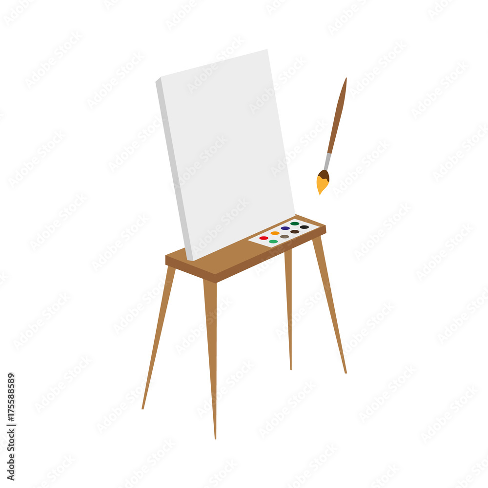 vector flat cartoon wooden easel with paints, empty canvas and painting ...