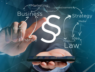 Poster - Justice and law symbol displayed on a futuristic interface with business terms - technology and inspiration concept