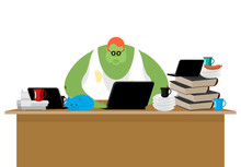 Internet Trol. Big Green Monster And Laptop. Vector Illustration