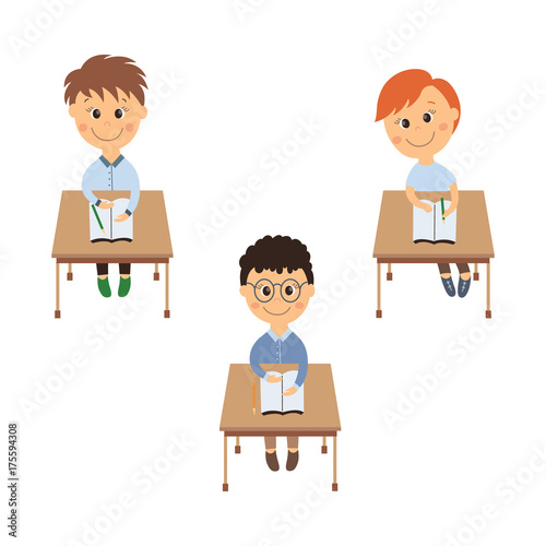 Vector Flat Cartoon Cute Schoolboy Characters Sitting At Desk In