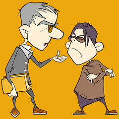 two cartoon caricature men quarrel and sort things out