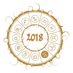 Wall Mural - Astrological symbols in the circle. Gemini sign. New Year and Christmas celebration card template. Zodiac circle with 2018 new year number.