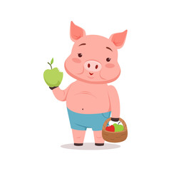 Wall Mural - Cute pig holding basket with apples, funny cartoon animal vector Illustration