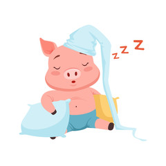 Wall Mural - Cute pig in hat sleeping, funny cartoon animal vector Illustration