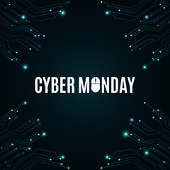 Poster - High-tech background from a computer circuit board for a cyber sale Monday. Computer mouse. Great sale. Glowing neon blue connectors. Vector
