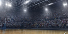 Professional Basketball Arena In 3D. Big Basketball Stadium With A Lot Of Fans, Bright Light And A Basketball Hoop.