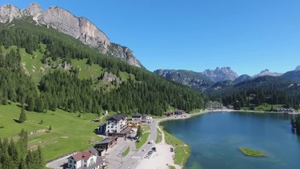 Wall Mural - Misurina Lake and Town, aerial view.