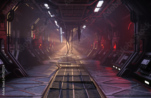 Fotografía Sci-Fi grunge damaged metallic corridor background illuminated with neon lights