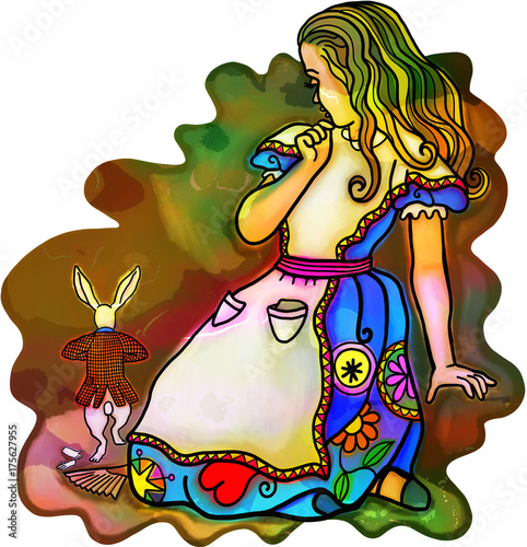 Fotografija Giant Alice Scares Rabbit - This image has been digitally created to resemble vibrant watercolour inks