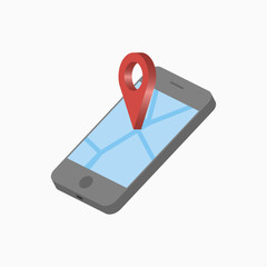 Poster - 3D mobile phone and location pointer. Isometric smartphone with map and pin. GPS navigation concept. Vector illustration.