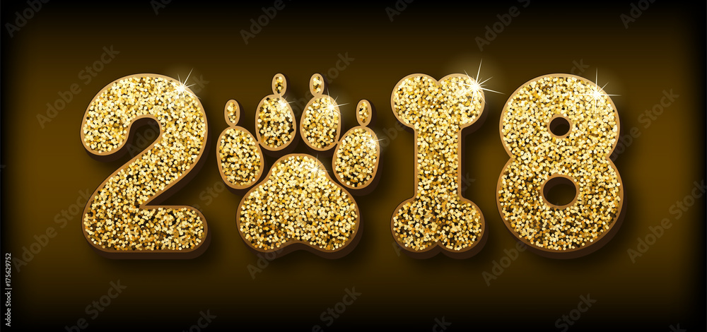 Vector golden glitter shiny numbers 2018 with zero as dog paw print and ...