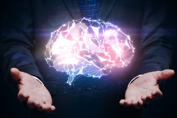 Aufkleber - Hands holding gloiwng brain, innovation concept