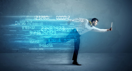 Wall Mural - Business man running with device and data concept