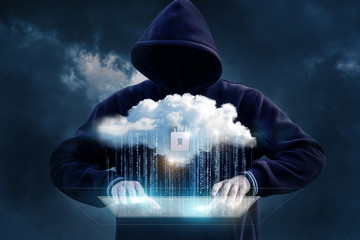 Wall Mural - Hacker tries to get into the cloud data transfer.