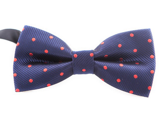 Dark blue bow tie with red polka dots on a white background