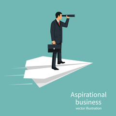 Wall Mural - Aspirational business. Leadership isolated, concept of vision, mission ambitions. Path to success. Man with briefcase in hand flies on paper plane. Vector design. Looking in telescope seeing future.