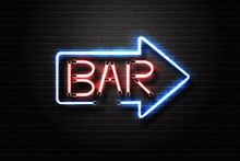Vector Realistic Isolated Neon Sign Of Bar Lettering Arrow For Decoration And Covering On The Wall Background. Concept Of Night Club.