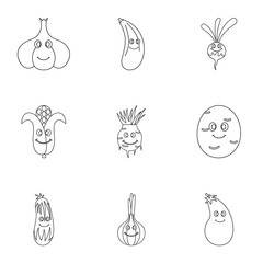 Wall Mural - Funny vegetables character icon set, outline style