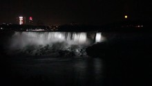 American Falls Of Niagara Falls State Park Of New York, USA Under Rising Full Moon, View From Canada,