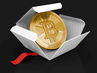 Poster - Open package with Bitcoin. Image with clipping path