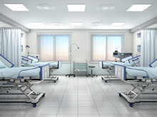 Hospital Room With Beds In Blue Tones. 3d Illustration