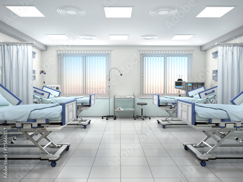 Zdjęcie XXL sala szpitalna z łóżkami w niebieskich kolorach. 3d ilustracja