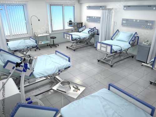 Plakat sala szpitalna z łóżkami w niebieskich kolorach. 3d ilustracja