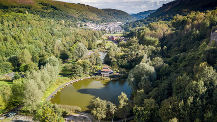 Wall Mural - a small lake surrounded by trees in south wales viewed from the air