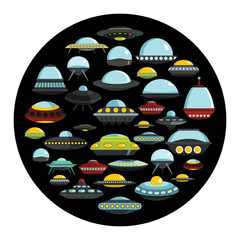 Ufo ship cartoon icons set vector illustration for design and web isolated on black circle background