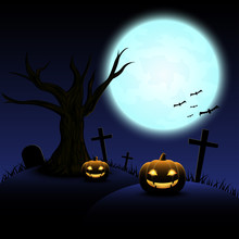 Halloween Night With Blue Moon And Pumpkins, Illustration.