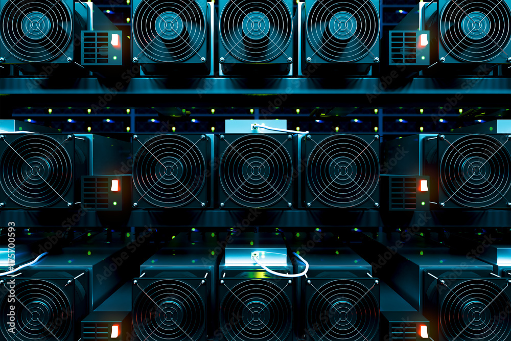 design element. 3D illustration. rendering. dark bitcoin cryptocurrency mining farm 3d background color image