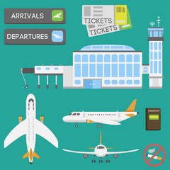 Wall Mural - Plane airport transport symbols flat design illustration station concept air port symbols departure luggage plane business vector