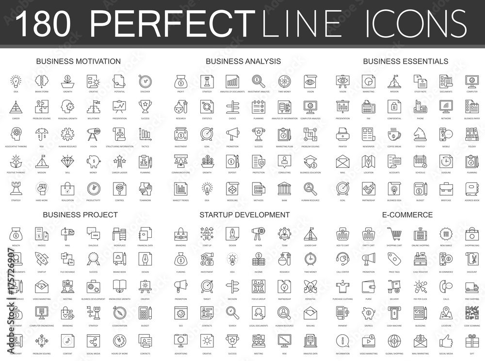 180 modern thin line icons set of business motivation, analysis, business essentials, business project, startup development, e commerce. - obrazy, fototapety, plakaty 