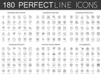 Poster - 180 modern thin line icons set of business motivation, analysis, business essentials, business project, startup development, e commerce.