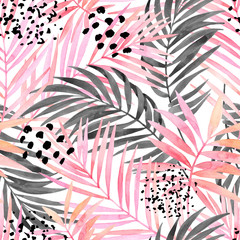 Wall Mural - Watercolour pink colored and graphic palm leaf painting.