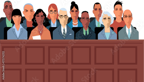 Fotografía 12 jurors sit in a jury box at a court trial, EPS 8 vector illustration