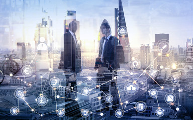 Business men silhouettes in the City of London and business network connections concept. Illustration made with lots of communication icons. Technology, transformation and innovation idea. 