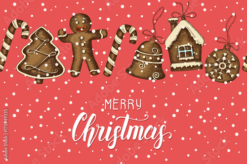 Christmas Seamless Pattern With Hand Drawn Gingerbread And Hand Made Lettering Merry Christmas Sketch Vintage Background Can Be Used For Wallpaper Web Page Background Banner Textile Buy This Stock Vector And