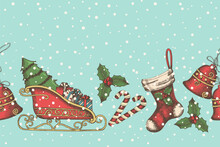 Seamless Background With Hand Drawn Bells, Santa's Sleigh, Candy, Holly And Sock. New Year. Christmas Pattern Can Be Used For Wallpaper, Web Page Background, Surface Textures, Textile, Package, Banner